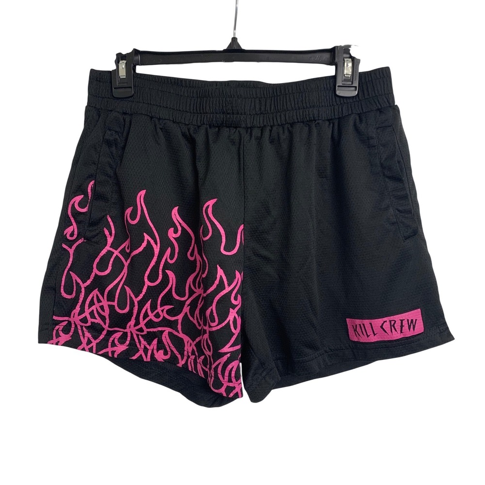Kill Crew Mens XL Mesh Athletic Shorts Black Pink Flame Graphic Gym Streetwear